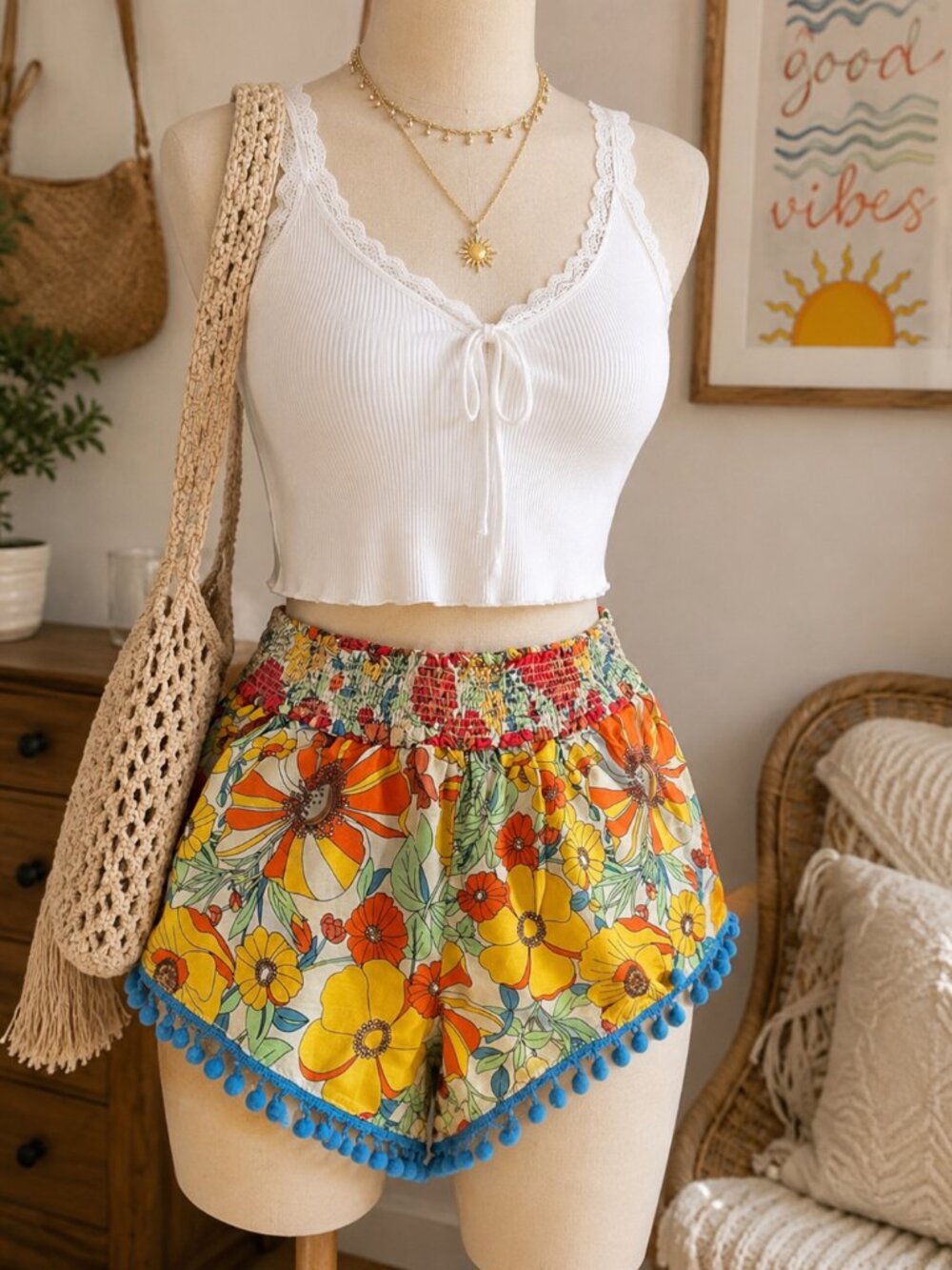 Natural Life Floral Pom Pom Shorts NWT Smocked Waist Boho Festival Size Small